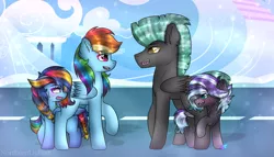 Size: 1024x585 | Tagged: safe, artist:northlights8, derpibooru import, rainbow dash, thunderlane, oc, oc:brisk dawn, oc:tanzanite, pegasus, pony, blushing, colored pupils, colt, ear fluff, female, filly, flight camp, freckles, male, mare, offspring, parent:rainbow dash, parent:rarity, parent:soarin', parent:thunderlane, parents:rarilane, parents:soarindash, raised hoof, stallion, story included