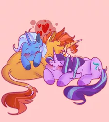 Size: 1024x1142 | Tagged: dead source, safe, artist:soft-arthropod, derpibooru import, starlight glimmer, sunburst, trixie, classical unicorn, pony, unicorn, bisexual, cloven hooves, cuddle puddle, cuddling, ear fluff, eyes closed, female, heart, leaning, leonine tail, lesbian, male, mare, on top, pink background, polyamory, pony pile, prone, shipping, side, simple background, sleeping, smiling, stallion, startrixburst, straight, sunburst gets all the mares, unshorn fetlocks