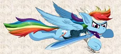 Size: 6000x2700 | Tagged: safe, artist:raptorpwn3, derpibooru import, rainbow dash, pegasus, pony, absurd resolution, clothes, female, mare, master sword, mouth hold, nintendo, pirate, signature, solo, the legend of zelda