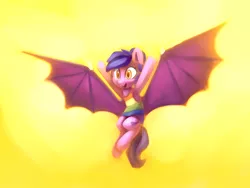 Size: 4000x3000 | Tagged: safe, artist:lilfunkman, derpibooru import, oc, oc:inky, unofficial characters only, bat pony, pony, clothes, fangs, flying, happy, solo, spread wings, tanktop, wings