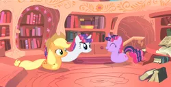 Size: 1920x975 | Tagged: safe, derpibooru import, edit, edited screencap, screencap, applejack, rarity, twilight sparkle, earth pony, pony, unicorn, worm pony, look before you sleep, cursed, cursed image, eyes closed, female, golden oaks library, hair curlers, limbless, mare, missing accessory, no legs, open mouth, ponyloaf, smiling, twiworm, unicorn twilight, wat