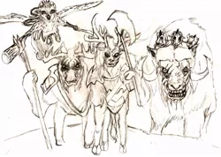 Size: 1024x729 | Tagged: semi-grimdark, artist:hispurpleness, derpibooru import, oc, oc:angrboda, oc:grendel, oc:strilda, oc:thrym, unofficial characters only, moose, pony, antagonist, caribou, frozen north, griffon oc, headhunters, mercenaries, monochrome, muskoxen, scarred, snowy owl, viking, viking caribou