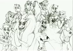 Size: 6936x4812 | Tagged: absurd resolution, anthro, artist:hispurpleness, carrot top, cheerilee, derpibooru import, derpy hooves, discord, fanfic:fall of starfleet rise of harmony, flag, golden harvest, lyra heartstrings, monochrome, oc, oc:dyno, oc:shining spark, princess luna, resistance, safe, staff, sunshower raindrops, swag, trixie, umbra circle