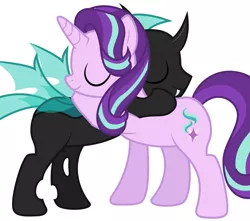 Size: 2137x1893 | Tagged: safe, artist:derphed, derpibooru import, starlight glimmer, oc, oc:steel crescent, changeling, unicorn, changeling oc, duo, fangs, happy, hug, request, simple background, smiling, white background