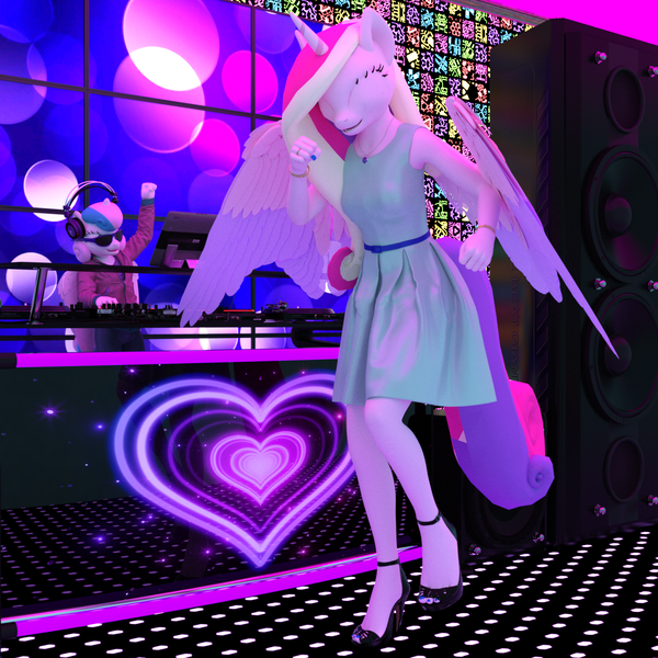 Size: 1500x1500 | Tagged: 3d, alicorn, anthro, a royal problem, artist:tahublade7, clothes, computer, dancing, daz studio, derpibooru import, dj flurry heart, dress, headphones, high heels, older, plantigrade anthro, princess cadance, princess flurry heart, safe, scene interpretation, shoes, speakers, sunglasses