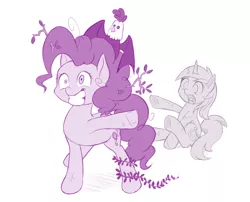 Size: 1000x808 | Tagged: safe, artist:dstears, derpibooru import, lyra heartstrings, pinkie pie, cockatrice, earth pony, pony, unicorn, rock solid friendship, bad end, duo, faic, female, grin, insanity, mare, mismatched eyes, monochrome, petrification, simple background, smiling, statue, trio, white background