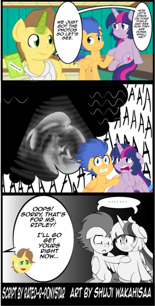 Size: 1682x3319 | Tagged: safe, artist:shujiwakahisaa, derpibooru import, doctor horse, doctor stable, flash sentry, twilight sparkle, twilight sparkle (alicorn), alicorn, alien, pony, xenomorph, comic:the magic of pregnancy, alien (franchise), chestburster, comic, female, flashlight, magic, male, pointy ponies, pregnant, shipping, straight, ultrasound