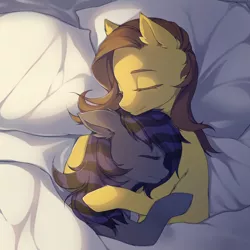 Size: 1000x1000 | Tagged: safe, artist:pak_lin_min, derpibooru import, oc, oc:radiant star, oc:rune riddle, unofficial characters only, pony, bed, couple, cuddling, female, hug, male, mare, runestar, sleeping, smiling, snuggling, stallion, ych result
