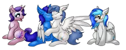 Size: 2000x800 | Tagged: safe, artist:raktor, derpibooru import, oc, oc:coldfire, oc:delly, oc:graceful motion, oc:northern flame, unofficial characters only, pegasus, pony, unicorn, cuddling, ear fluff, female, happy, hug, lesbian, male, mare, oc x oc, shipping, simple background, smiling, snuggling, stallion, transparent background, wing hold, winghug