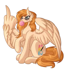 Size: 4145x4401 | Tagged: safe, artist:amazing-artsong, derpibooru import, oc, oc:sydney, unofficial characters only, pegasus, pony, :t, absurd resolution, bubblegum, commission, female, food, freckles, glare, gum, large wings, mare, middle feather, middle finger, ponysona, raised hoof, simple background, sitting, solo, spread wings, sunglasses, transparent background, vulgar, wing hands, wings, ych result