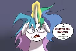 Size: 732x495 | Tagged: safe, artist:suxt0hax, derpibooru import, edit, princess celestia, alicorn, pony, cropped, female, floppy ears, glowing horn, mare, messy mane, solo