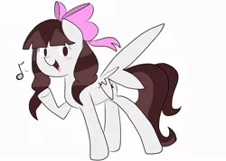 Size: 1008x723 | Tagged: safe, artist:periwinkietwinkie, derpibooru import, oc, oc:jennabun, unofficial characters only, pegasus, pony, bow, female, hair bow, mare, music notes, simple background, singing, solo, white background