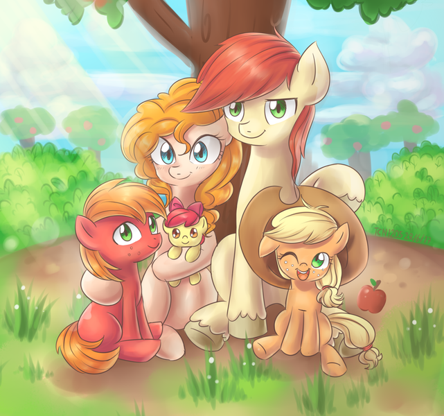 Size: 1496x1400 | Tagged: safe, artist:tcn1205, derpibooru import, apple bloom, applejack, big macintosh, bright mac, pear butter, earth pony, pony, the perfect pear, adorabloom, apple, apple family, apple tree, applejack's parents, baby apple bloom, brightbutter, colt, cute, family, female, filly, hat, hug, jackabetes, male, mare, one eye closed, shipping, sitting, stallion, straight, tree