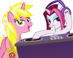 Size: 4590x3676 | Tagged: safe, artist:ironm17, derpibooru import, cayenne, sunshine smiles, earth pony, pony, unicorn, testing testing 1-2-3, absurd resolution, bedroom eyes, clock, djing, duo, duo female, female, grin, headset, hip hop, mare, mixer, rapper, rapping, simple background, smiling, transparent background, turntable, vector