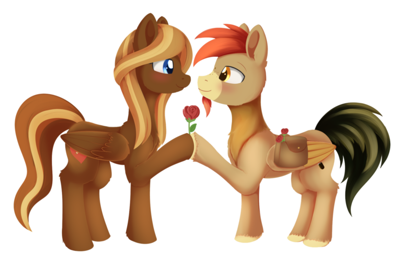 Size: 1024x672 | Tagged: safe, artist:dusthiel, derpibooru import, oc, oc:caramel breeze, oc:sentinel, unofficial characters only, pegasus, pony, commission, duo, female, flower, looking at each other, male, mare, oc x oc, rose, saddle bag, shipping, simple background, smiling, stallion, transparent background