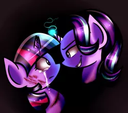 Size: 951x839 | Tagged: semi-grimdark, artist:artypaints, derpibooru import, starlight glimmer, twilight sparkle, pony, betrayal, blood, bust, cracked horn, crying, looking up, magic, this will end in communism, this will end in gulag