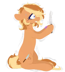 Size: 1024x1139 | Tagged: safe, artist:alliedrawsart, derpibooru import, oc, oc:minced meat, unofficial characters only, earth pony, pony, bandana, blue eyes, clenched teeth, colored eyelashes, colored pupils, commission, female, floppy ears, freckles, hoof hold, knife, lineless, looking at something, mare, nervous, shivering, signature, simple background, sitting, solo, sweat, transparent background, wavy mouth