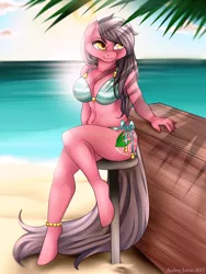 Size: 1500x2000 | Tagged: suggestive, artist:fur-what-loo, derpibooru import, oc, unofficial characters only, anthro, earth pony, unguligrade anthro, anthro oc, beach, belly button, bikini, breasts, clothes, commission, female, mare, sitting, smiling, solo, solo female, swimsuit