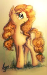Size: 591x949 | Tagged: safe, artist:theflyingmagpie, derpibooru import, pear butter, pony, the perfect pear, cute, looking up, pearabetes, solo