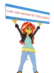Size: 950x1278 | Tagged: safe, artist:manly man, derpibooru import, edit, sunset shimmer, equestria girls, colored pencil drawing, female, meme, meta, protest, sign, simple background, solo, sunset's board, traditional art, user was banned for this post, white background
