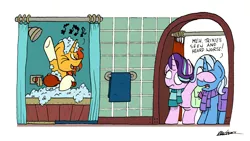 Size: 2752x1548 | Tagged: safe, artist:bobthedalek, derpibooru import, starlight glimmer, sunburst, trixie, pony, unicorn, bad singing, bath, clothes, music notes, saddle bag, scarf, shower, shower singing, simple background, singing, sour note, surprised, trio, wet mane, white background