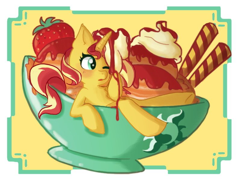 Size: 1258x956 | Tagged: safe, artist:artomicmuffin, derpibooru import, sunset shimmer, pony, unicorn, equestria girls, commission, cute, female, food, foodplay, ice cream, mare, micro, ponies in food, solo, strawberry, sunset shimmer dressing up as food, ych example, ych result, your character here