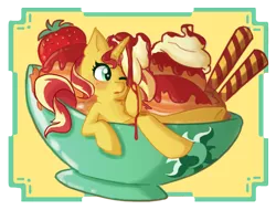 Size: 1258x956 | Tagged: safe, artist:artomicmuffin, derpibooru import, sunset shimmer, pony, unicorn, equestria girls, commission, cute, female, food, foodplay, ice cream, mare, micro, ponies in food, solo, strawberry, sunset shimmer dressing up as food, ych example, ych result, your character here