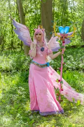 Size: 1024x1536 | Tagged: artist:ilunaneko, clothes, cosplay, costume, derpibooru import, dress, forest, human, irl, irl human, photo, princess cadance, safe, solo, staff