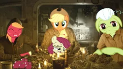 Size: 1170x660 | Tagged: grimdark, derpibooru import, edit, apple bloom, applejack, big macintosh, granny smith, pony, apple, apple family, cannibalism, decapitated, food, resident evil, resident evil 7, severed head