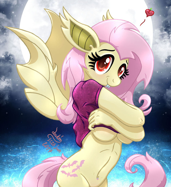 Size: 1005x1100 | Tagged: questionable, artist:joakaha, derpibooru import, fluttershy, anthro, bat pony, adorasexy, bottomless, breasts, clothes, cute, fangs, female, flutterbat, full moon, heart, mare, moon, partial nudity, race swap, sexy, shirt, shirt lift, shyabates, shyabetes, solo, solo female, underboob, undressing