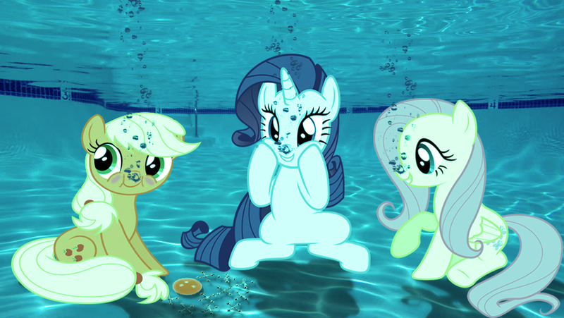 Size: 852x480 | Tagged: safe, artist:sb1991, derpibooru import, applejack, fluttershy, rarity, pony, aquaphilia, blushing, fetish, game, hatless, missing accessory, request, requested art, story included, swimming pool, underwater