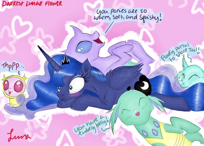 Size: 4823x3445 | Tagged: safe, artist:darkest-lunar-flower, derpibooru import, princess luna, alicorn, changedling, changeling, changeling larva, pony, absurd resolution, ambiguous gender, blushing, chest fluff, cuddling, cute, cuteling, female, fluffy, larva, luna is not amused, mare, not sure if want, onomatopoeia, raspberry, raspberry noise, tongue out, varying degrees of amusement, varying degrees of want