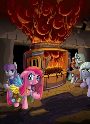 Size: 2392x3284 | Tagged: semi-grimdark, artist:cazra, derpibooru import, limestone pie, marble pie, maud pie, pinkie pie, earth pony, pony, fanfic:cupcakes, crossover, cutie mark dress, dungeon, dungeons and dragons, food, forge of fury, furnace, pinkamena diane pie, rpg, ruins, staff