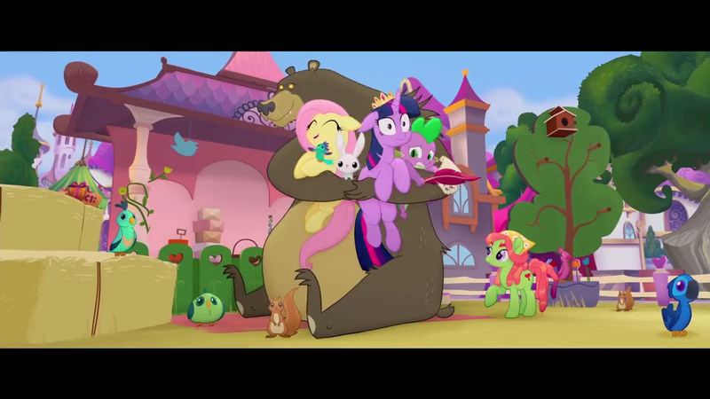 Size: 1280x720 | Tagged: safe, derpibooru import, official, screencap, angel bunny, fluttershy, harry, spike, tree hugger, twilight sparkle, twilight sparkle (alicorn), alicorn, dragon, earth pony, pony, my little pony: the movie