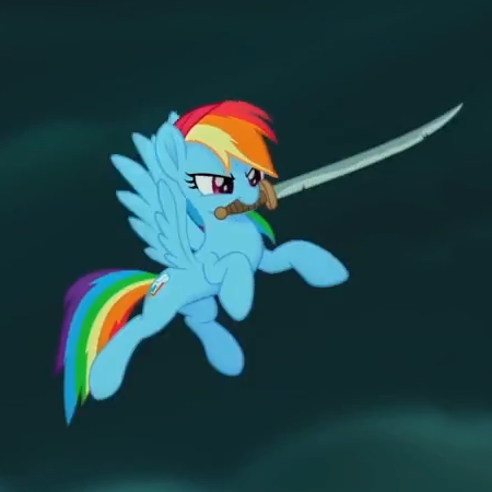 Size: 450x450 | Tagged: safe, derpibooru import, screencap, rainbow dash, pegasus, pony, my little pony: the movie, bandana, cropped, flying, mouth hold, pirate rainbow dash, solo, sword, weapon