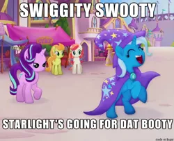 Size: 610x495 | Tagged: safe, derpibooru import, edit, edited screencap, screencap, cantaloupe (character), dawn sunrays, starlight glimmer, trixie, earth pony, pony, unicorn, my little pony: the movie, background pony, canterlot, cape, caption, clothes, eyes closed, eyes on the prize, female, hat, image macro, impact font, lesbian, mare, meme, raised hoof, rearing, shipping, startrix, swiggity swooty, text, trixie's cape, trixie's hat