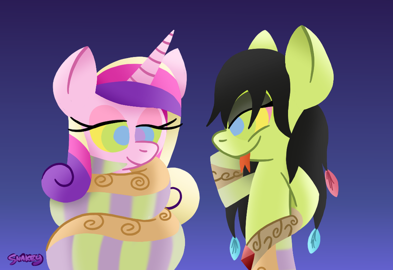 Size: 1060x730 | Tagged: safe, artist:snakeythingy, derpibooru import, princess cadance, oc, oc:cora, lamia, original species, pony, snake, snake pony, coils, eyelashes, eyeshadow, gradient background, happy trance, hypnosis, hypnotized, implied bondage, kaa eyes, mafiles50, makeup, mind control, missing accessory, relaxing, smiling, submissive, trance