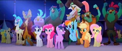 Size: 1366x574 | Tagged: safe, derpibooru import, official, screencap, applejack, boyle, capper dapperpaws, captain celaeno, clear skies, fluttershy, golden delicious, goldengrape, lemon hearts, lix spittle, mullet (character), murdock, pinkie pie, princess skystar, rainbow dash, rarity, red delicious, sir colton vines iii, twilight sparkle, twilight sparkle (alicorn), alicorn, anthro, classical hippogriff, earth pony, hippogriff, parrot pirates, pegasus, pony, unicorn, my little pony: the movie, anthro with ponies, apple family member, background pony, female, male, mane six, mare, pirate, species swap, stallion, toes, youtube link