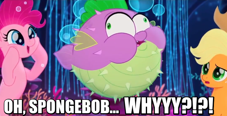 Size: 727x373 | Tagged: applejack, boating school, bubble, derpibooru import, edit, edited screencap, image macro, inflation, meme, mrs. puff, my little pony: the movie, pinkie pie, puffer fish, safe, screencap, seaponified, seapony applejack, seapony (g4), seapony pinkie pie, species swap, spike, spike the pufferfish, spongebob squarepants