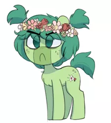 Size: 788x875 | Tagged: safe, artist:whydomenhavenipples, derpibooru import, oc, oc:mouthpiece, unofficial characters only, earth pony, pony, angry, butt freckles, floral head wreath, flower, freckles, mouthpiece, pigtails, simple background, solo, white background