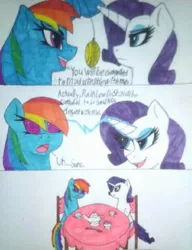 Size: 400x522 | Tagged: safe, artist:noblebrony44, derpibooru import, rainbow dash, rarity, pegasus, pony, unicorn, chair, female, hypnosis, makeover, mare, pendulum swing, swirly eyes, table, traditional art