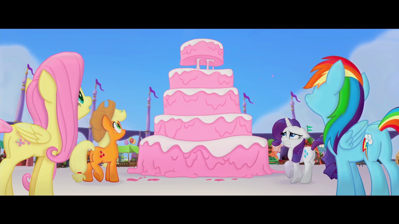 Size: 1920x1080 | Tagged: safe, derpibooru import, screencap, applejack, fluttershy, rainbow dash, rarity, earth pony, pegasus, pony, unicorn, my little pony: the movie, cake, food, giant cake