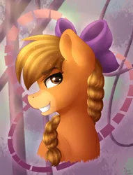 Size: 2600x3400 | Tagged: safe, artist:spirit-dude, derpibooru import, oc, unofficial characters only, pony, bow, brown eyes, bust, hair bow, solo, yellow coat, yellow mane