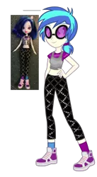 Size: 1656x3024 | Tagged: safe, artist:thecheeseburger, derpibooru import, vinyl scratch, equestria girls, alternate hairstyle, clothes, doll, female, hand on hip, leggings, midriff, pants, shoes, short shirt, simple background, smiling, socks, solo, standing, sunglasses, tanktop, toy, transparent background