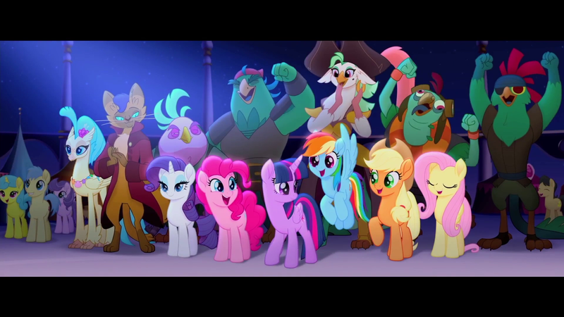 Size: 1920x1080 | Tagged: safe, derpibooru import, screencap, applejack, boyle, capper dapperpaws, captain celaeno, clear skies, fluttershy, golden delicious, lemon hearts, lix spittle, mullet (character), murdock, pinkie pie, princess skystar, rainbow dash, rarity, red delicious, twilight sparkle, twilight sparkle (alicorn), alicorn, anthro, classical hippogriff, earth pony, hippogriff, parrot pirates, pegasus, pony, unicorn, my little pony: the movie, anthro with ponies, apple family member, background pony, female, male, mane six, mare, pirate, squabble, stallion