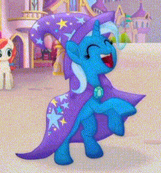 Size: 288x309 | Tagged: safe, derpibooru import, screencap, dawn sunrays, trixie, pony, unicorn, my little pony: the movie, animated, cape, clothes, cute, diatrixes, eyes closed, gif, happy, hat, hoofy-kicks, open mouth, rearing, smiling, solo focus, trixie's cape, trixie's hat, underhoof