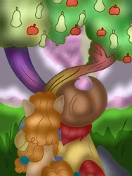 Size: 768x1024 | Tagged: safe, artist:doraemonfan4life, derpibooru import, bright mac, pear butter, pony, the perfect pear, apple tree, brightbutter, female, intertwined trees, love, male, pear tree, shipping, straight, tree