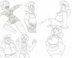 Size: 3151x2533 | Tagged: safe, artist:catstuxedo, derpibooru import, bon bon, lyra heartstrings, sweetie drops, human, bikini, bon blob, clothes, double chin, fat, female, horned humanization, humanized, lesbian, looking back, lyrabon, miniskirt, monochrome, obese, pantyhose, secret agent sweetie drops, shipping, skirt, sunglasses, swimsuit, weight gain