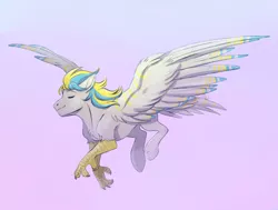 Size: 1777x1345 | Tagged: artist:1an1, derpibooru import, eyes closed, flying, hippogriff, oc, oc:cirrus sky, safe, smiling, source needed, spread wings, talons, unofficial characters only, windswept mane, wings