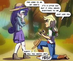 Size: 1280x1067 | Tagged: safe, artist:rawrienstein, derpibooru import, applejack, rarity, equestria girls, blushing, clothes, dialogue, female, kneeling, lesbian, marriage proposal, midriff, rarijack, ring, shipping, skirt, wedding ring